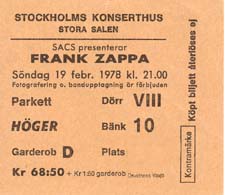 Frank Zappa, Stockholm, ticket 1978