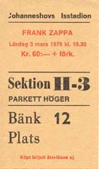 Frank Zappa, Stockholm, ticket 1979
