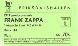 Frank Zappa, Stockholm, ticket 1980