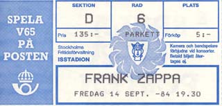 Frank Zappa, Stockholm, ticket 1984